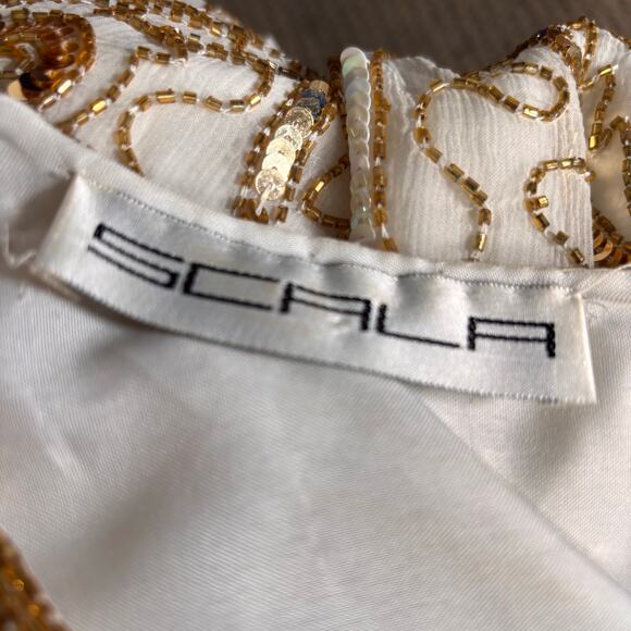 Vintage 90s Beaded Silk Top Metallic Sequin Gold White Evening Blouse Plus Size - Picture 9 of 13